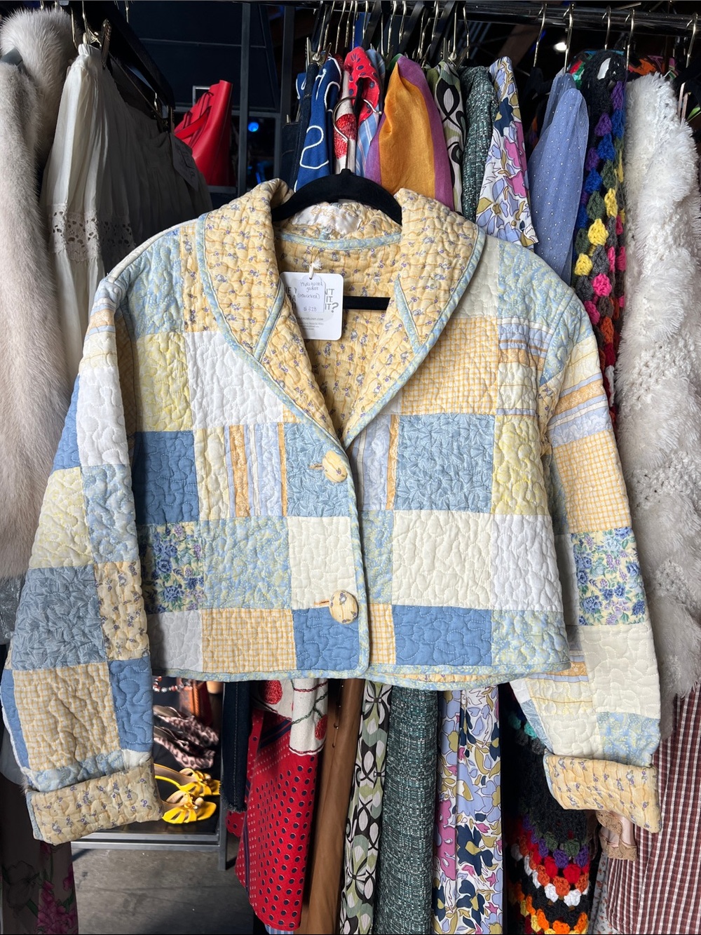 Quilted Patchwork Cropped Jacket - Yellow & Light Blue
